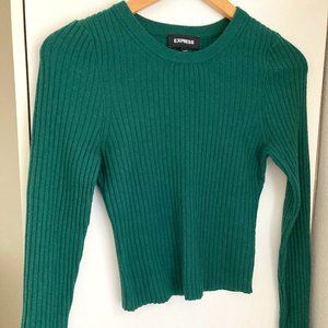 Express Fitted Ribbed Crew Neck Cropped Sweater Green Size S